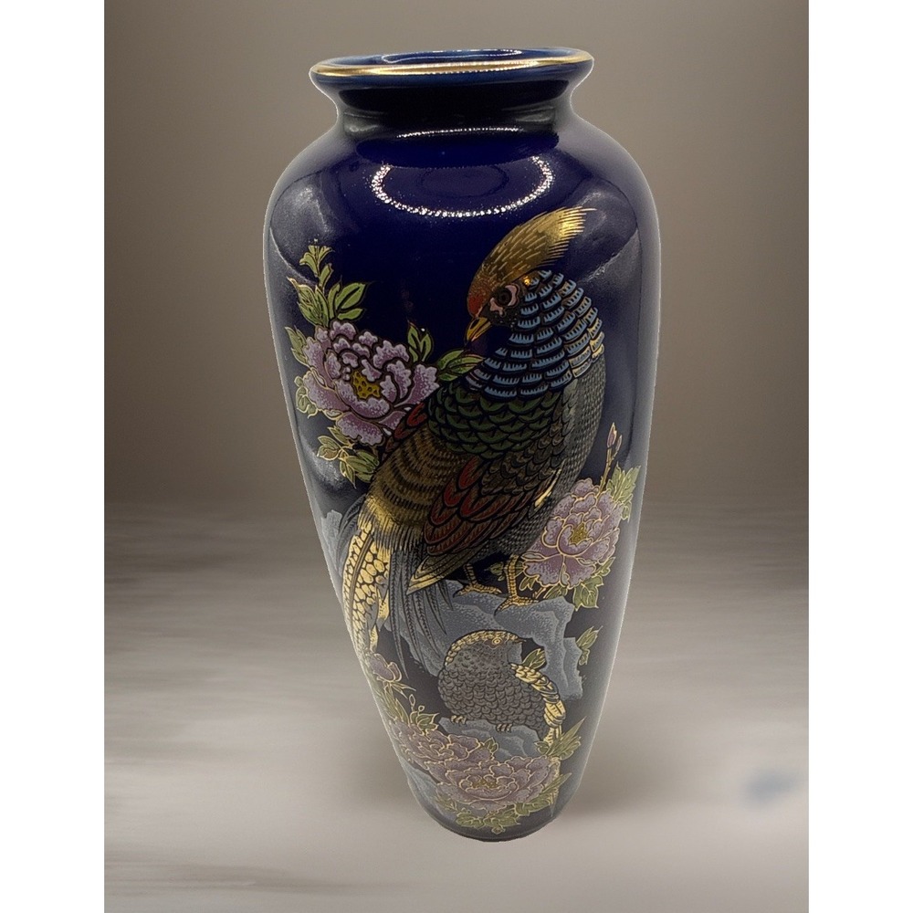 Kutani Cobalt Blue Pheasant and Flowers Vase Japanese